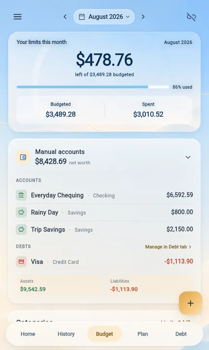 The Budget screen showing limits for the month and how much of each is used.