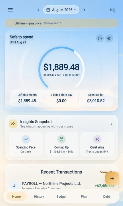 Quiet Budget on a phone showing safe-to-spend for the month with a gauge and a breakdown.