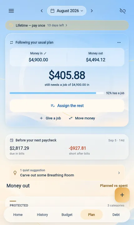 The Plan screen showing money in, money out, and how much still needs a job.